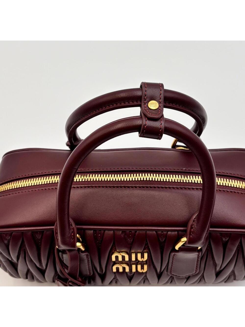 Miu Miu Arcadie Burgundy Matelassé Leather Top Handle Boston Bag With Strap - Picture 6 of 10